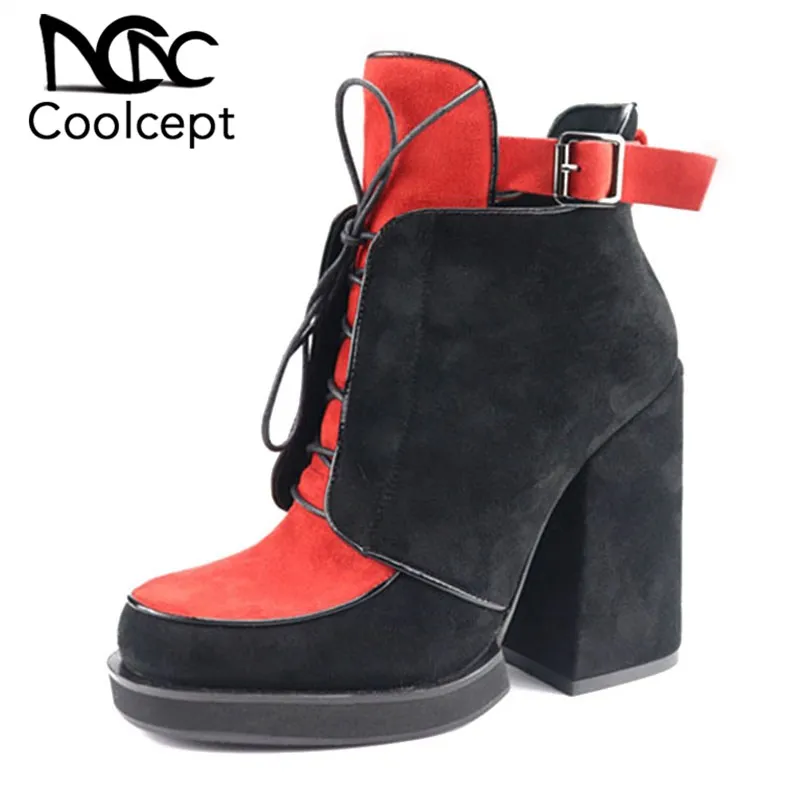 

Coolcept New Women Ankle Boots Mixed Color Zipper Thick Heels Winter Warm Shoes Woman Fashion Vintage Ladies Shoes Size 35-40
