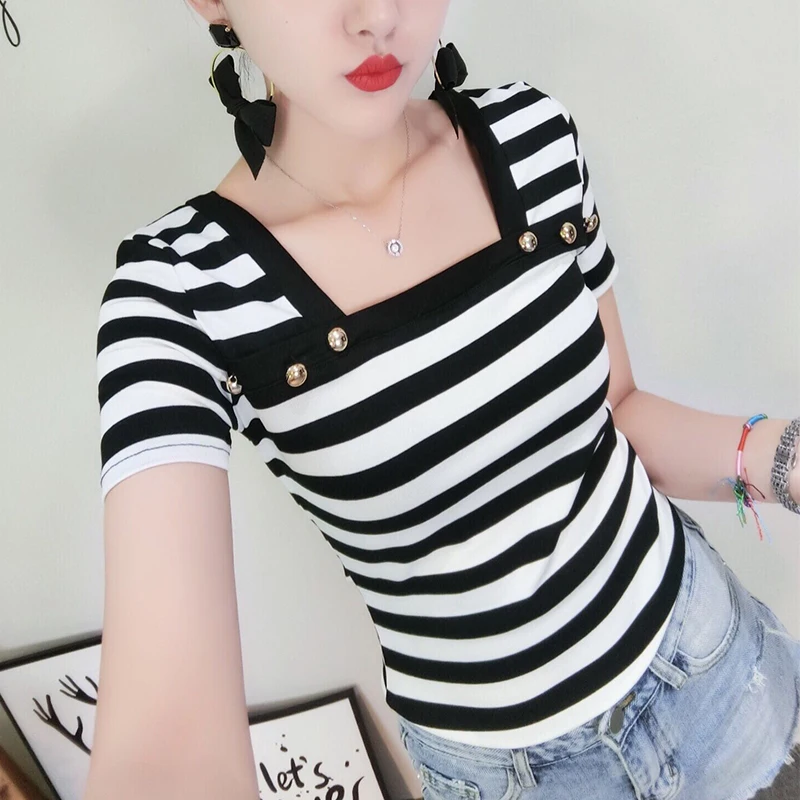 

Korean Fashion Square Collar Tshirt Women 2019 Summer Short Sleeve Pullover Striped T-shirt Camiseta Mujer Black White T96904