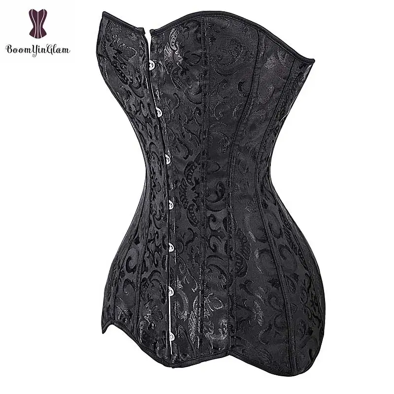 Long Torso Corset Overbust Gothic Floral Plus Size Corselet Steel Boned Bustier Cover Hip Sexy Women Waist Cincher Busk Closure