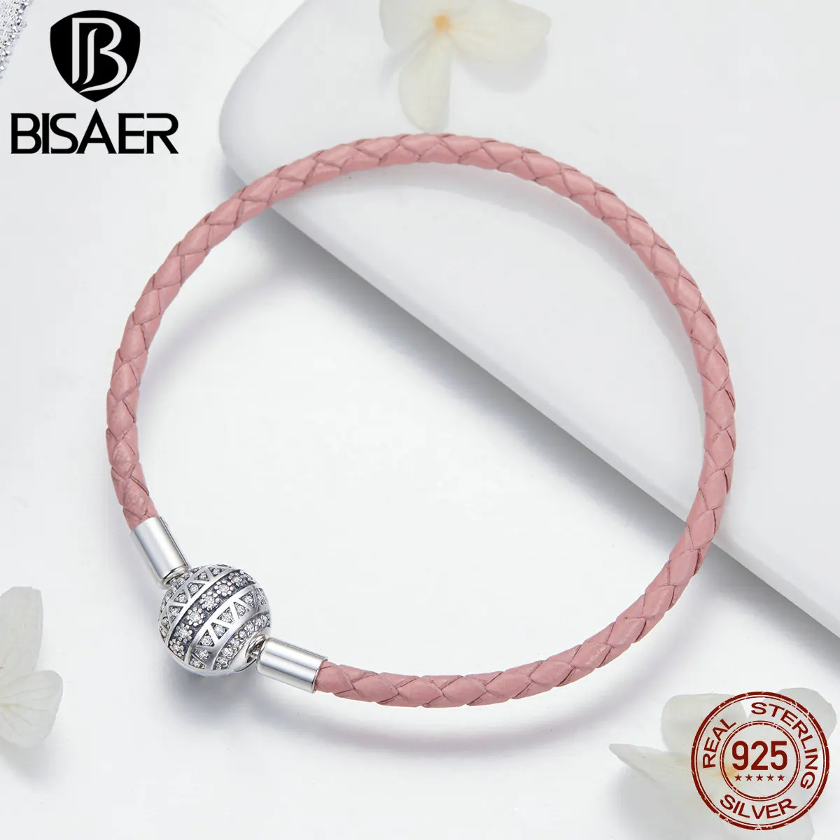 価格 BISAER リアル 925 スターリングシルバーピンクロープレザーブレスレット女性クリア CZ ラウンドクラスプロープブレスレットシルバージュエリー ECB114