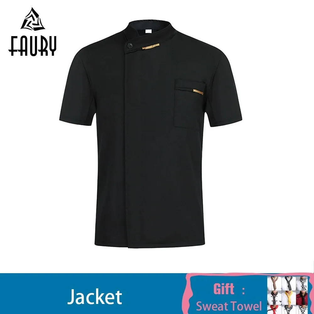 

2019 Chef Waiter Uniform Short Sleeve Kitchen Restaurant Cook Chef Jaket Shirt Breathable Barber Sushi Costumes Free Scarf Gift
