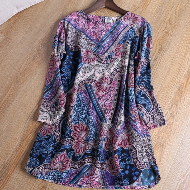 

Round Collar Floral Print Silk Flower Print 100% Real Silk Three Quarter T-shirts Summer and Autumn Tops