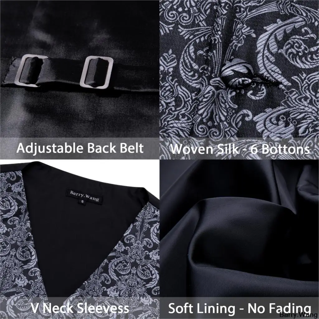 blazer for men wedding Designer Mens Classic Black Paisley Jacquard Folral Silk Waistcoat Vests Handkerchief Tie Vest Suit Pocket Square Set Barry.Wang casual blazer