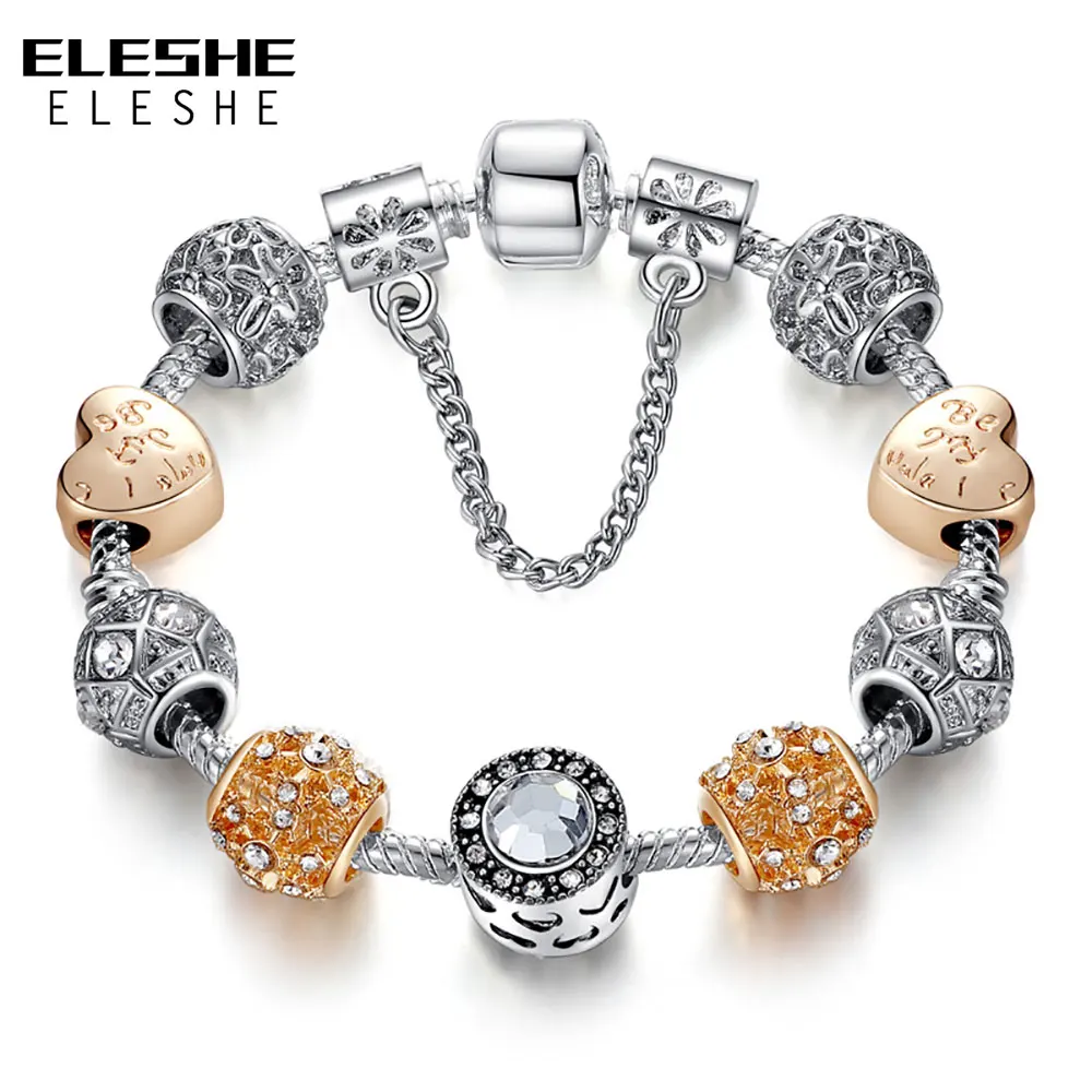 ELESHE European Style Crystal Charms Bracelet For Women With Silver Safety Chain Bracelet Bangle Vintage Jewelry Wedding