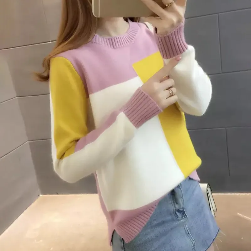 

2019 Winter Fashion Contrast Color Sweater Women Long Sleeve Jumper Women O Neck Knitted Sweater Female Pullover pull femme