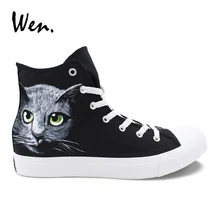 Вэнь оригинальные окрашены вручную обувь Pet Cat на заказ Вулканизированная обувь мужские и женские черные парусиновые кроссовки педали балетки на платформе на плоской подошве