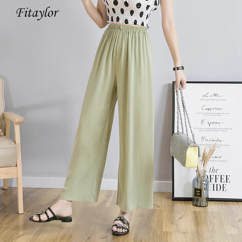 

Fitaylor Women Casual Wide Leg Pants High Waist Chiffon Full Length Pants Summer Loose 7 Colors Elastic Waist Pinkycolor Pants