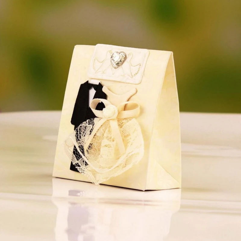 12 шт. белые для леденцов подарочные коробки свадебные конфетные сумки с кружевом платье невесты и смокинг жениха для свадебной вечеринки