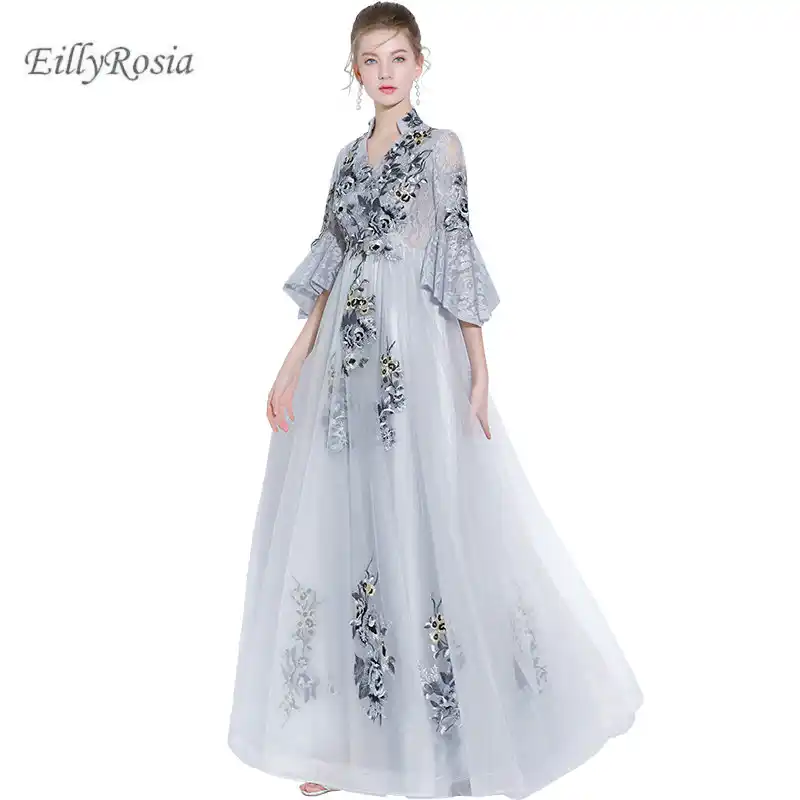 Lace Silver Mother of the Bride Dresses for Wedding Guest Embroidery Tulle Juliet Sleeve Elegant Evening Party Gowns robe de bal