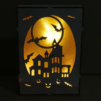 

Hanging LED Light Decoration Haunted House Moon Bat Pattern Wooden Halloween Rectangular Laser Hollow Hanging Decoration New
