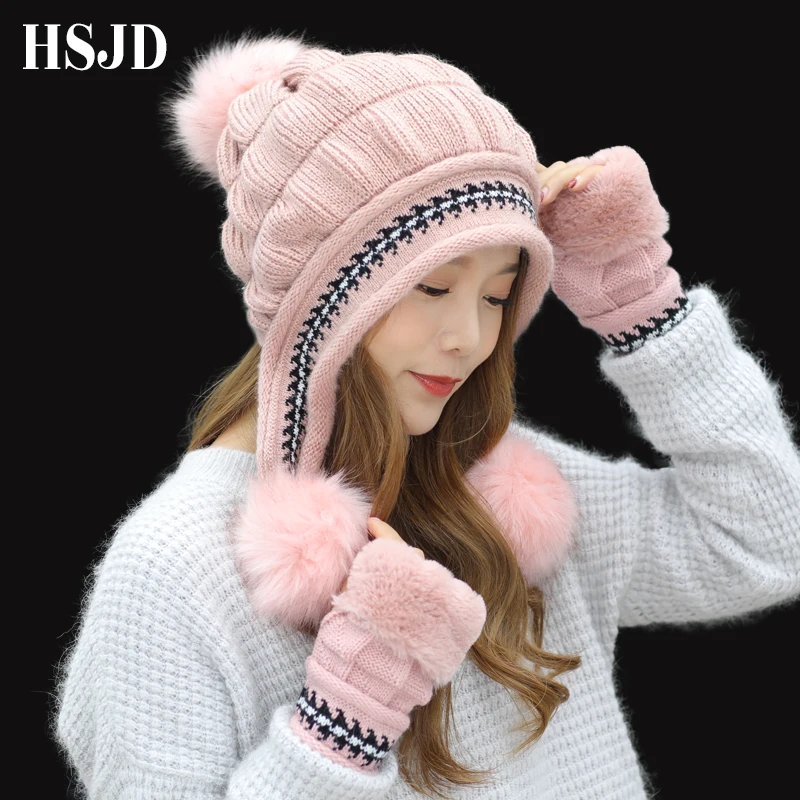 

Girl Warm Ski 2018 New Brand Big Fur Pom Poms Gloves + knit hat set Winter Women Beanie Hat Rabbit Fur thick Skullies Female Cap