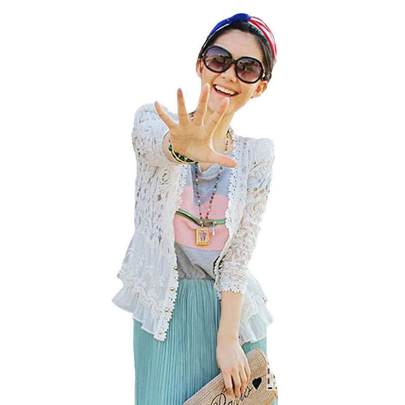 

2015 New shoulder pads exteravagant patchwork cutout Women's lace shirt cardigan sun protection shirt air conditioning shirt