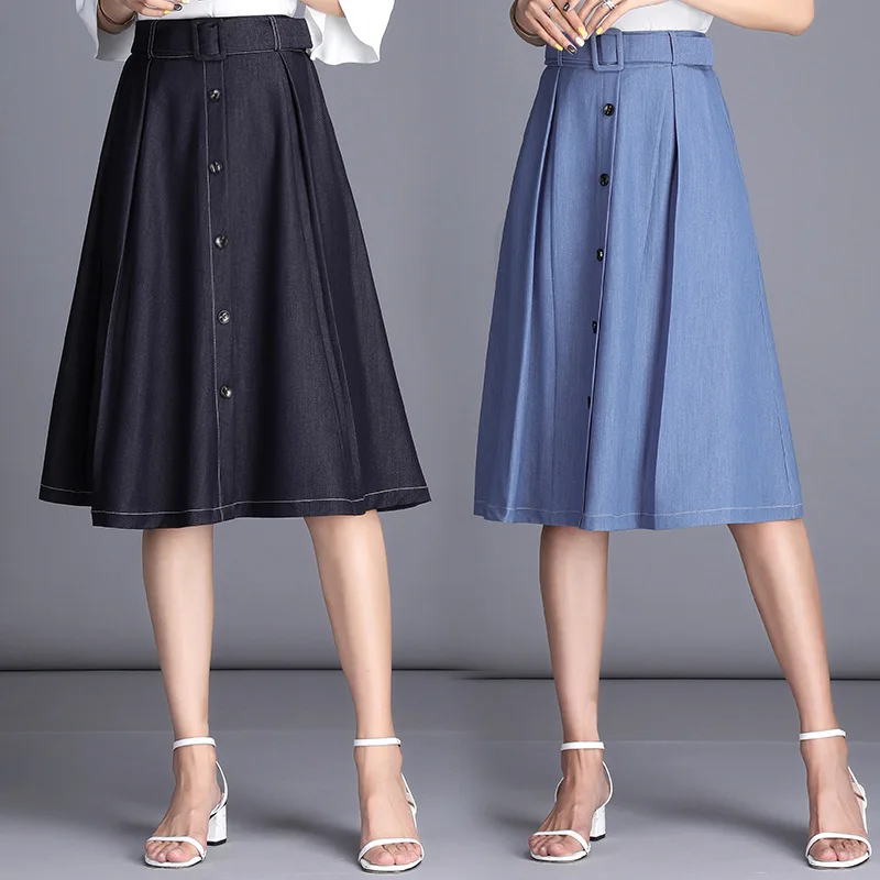 

Summer Woman Plus Size Denim Skirt Korean Edition High Waist A Line Skirt Elegant Office Lady Slim Fit Button Pocket Midi Skirt