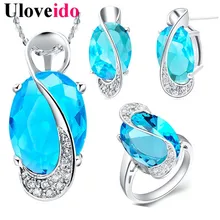 40% de descuento uloveido azul crystal joyería de la boda conjuntos para las mujeres día de san valentín anillos pendientes collar set bijoux regalos de una muchacha t299