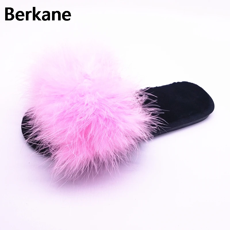 Ostrich Feather Slippers Women With Fur Winter Warm Home Sweet Flat 2018 Soft House Hair Platform Autumn Cotton Plush Pantufa 93