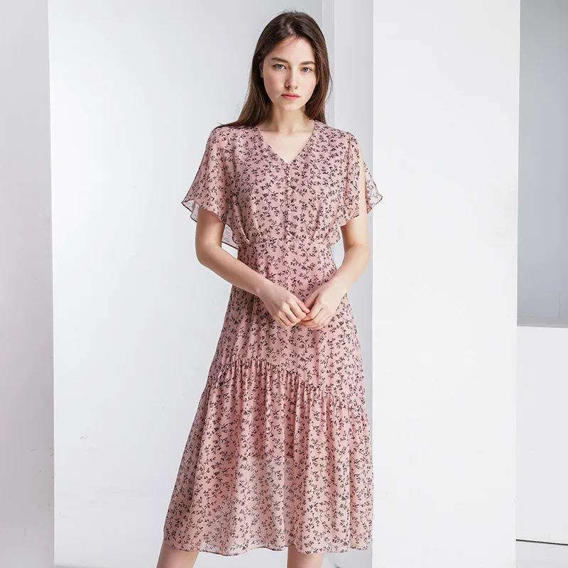 Silk High Elastic Waist Dress Women V Neck A Line Short Sleeve Print Floral Bohemian Dress Female Ruffles Long Dress Vestidos