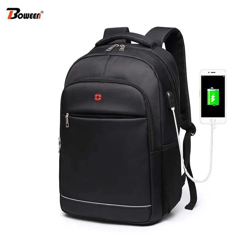 15,6 дюймовый рюкзак для ноутбука, мужская сумка, зарядка через USB, Одноцветный нейлоновый школьный рюкзак для подростка, черный рюкзак для мальчика, мужской рюкзак для колледжа