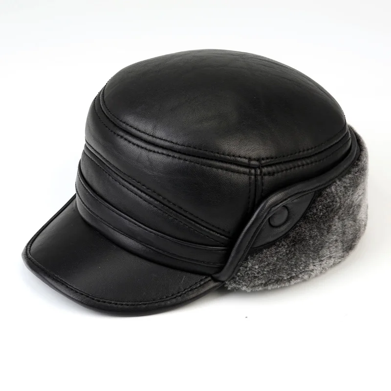 Old Man Hat Old Middle Age Men Winter Sheepskin Ear Protection Cap Dad Grandpa Genuine Leather Visor Hats Warm Scarf H7142