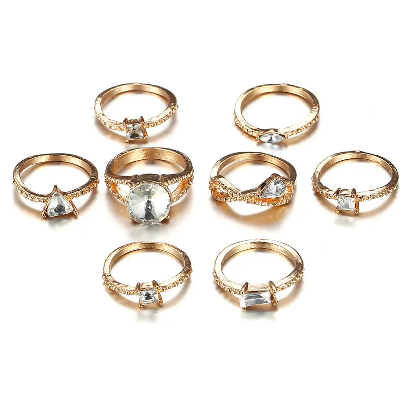 

8Pcs/Set Fashion Gold Crystal Zircon Ring Set Simple Rhinestone Joint Rings for Women Wedding Bride Party Women Jewelry