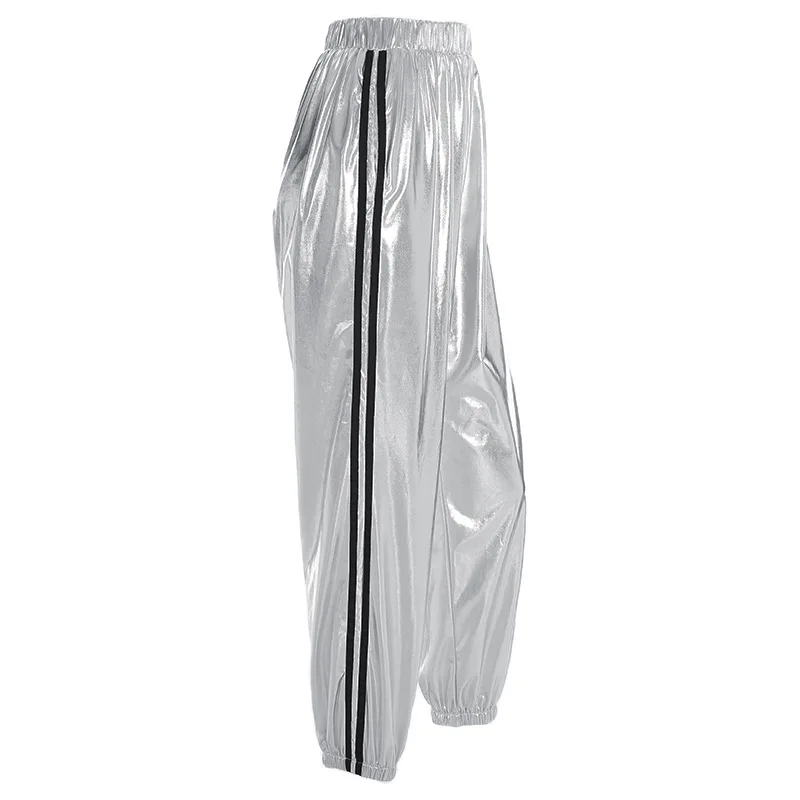 Весенне-осенние модные новые серебристые штаны в стиле хип-хоп, женские спортивные штаны для бега, женские кожаные штаны с боковой полосой, длинные спортивные штаны для бега - Цвет: silver
