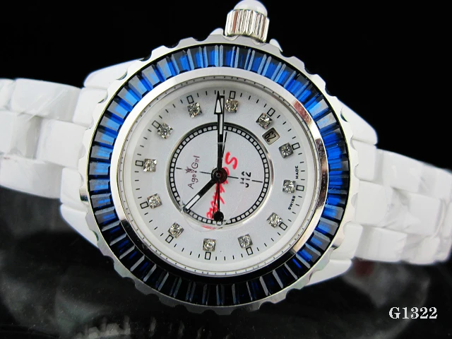 

New Men Women Luxury Japan Quartz Black White Ceramic Date Diamonds Round Watch Pink Blue DIAMOND BAUGETTES BEZEL Lady Watches