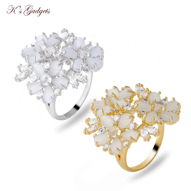 

K's Gadgets Adjustable Size Natural Stone Cubic Zirconia Gold Color Fashion Crystal Ring Flower Opal Ring For Women Girls Gift