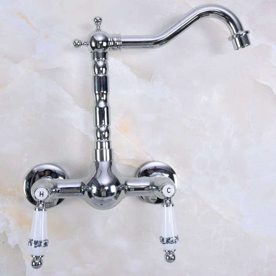 Polished Chrome Brass Wall Mount Bathroom Kitchen Double Handle Faucet enf957
