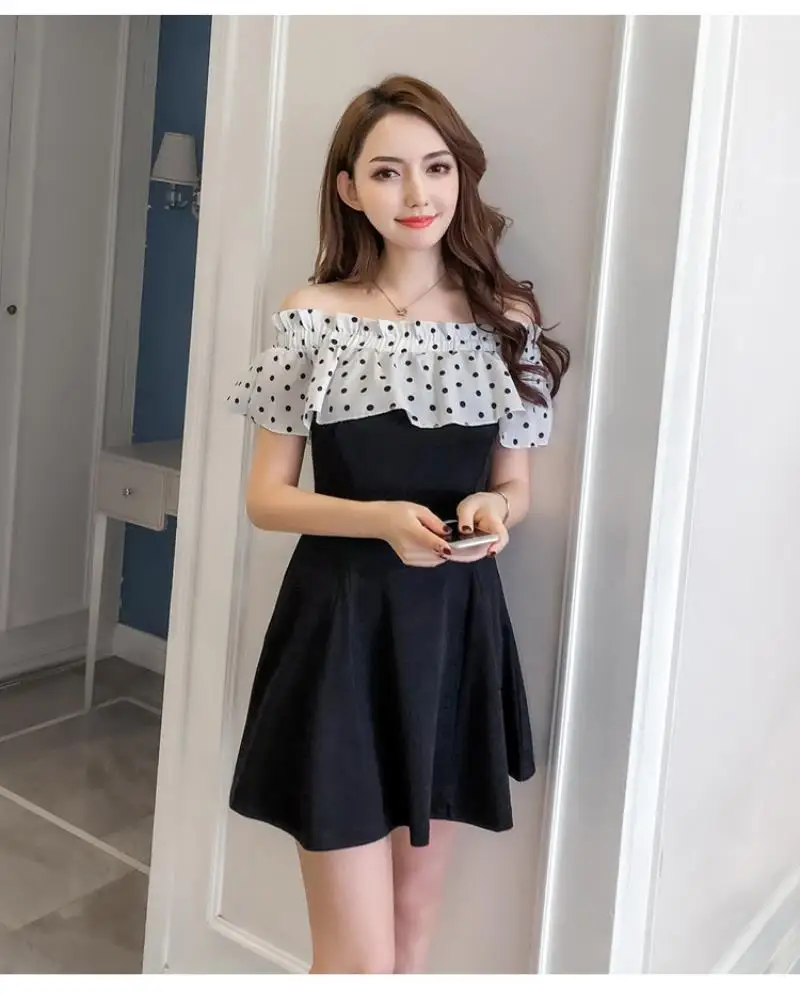 2018 New Arrivals  Summer  sexy dot dot shoulder stitching slim A short sleeved dress Free Shipping