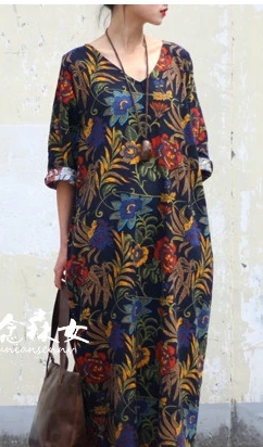 Акция на китайский год! Винтажное национальное изящное платье с цветочным рисунком, свободное, плюс размер, цельнокроеное платье - Цвет: 4
