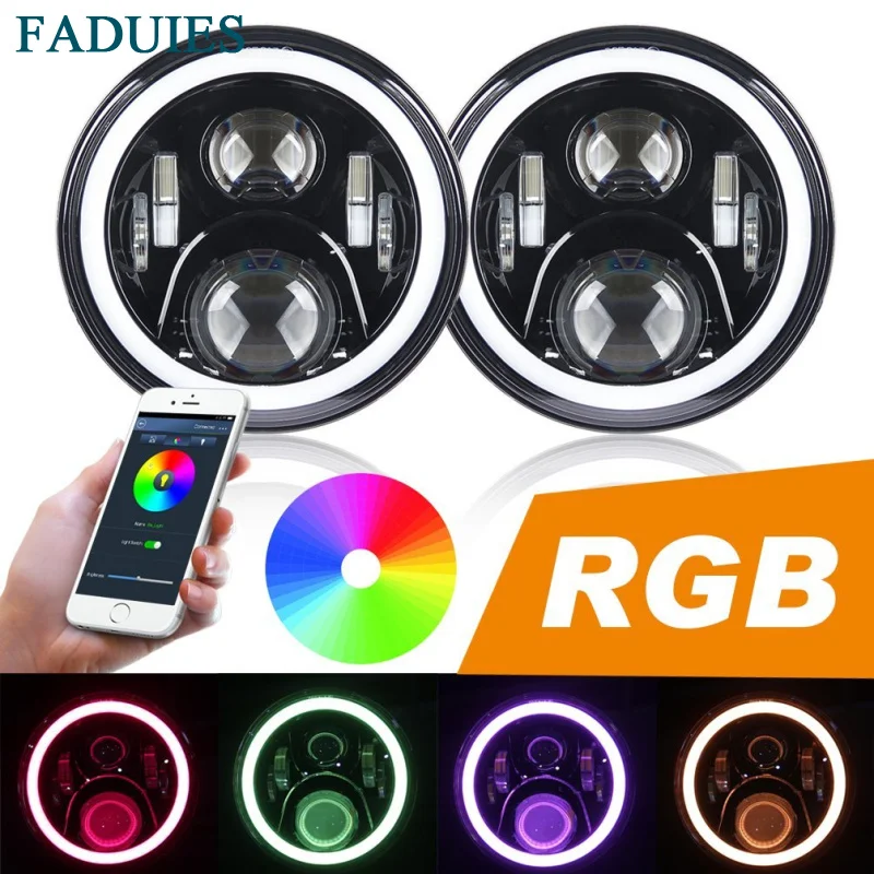 

FADUIES 7" 60W LED Headlight RGB Halo Angel Eye With Bluetooth Remote For 2007~2016 Jeep Wrangler JK LJ CJ Hummer H1 H2