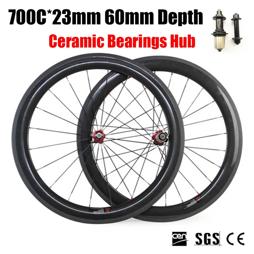 700C 60mm Depth 23mm Width Carbon Bike Wheels 3K Matte Clincher Tubular With Ceramic Bearings