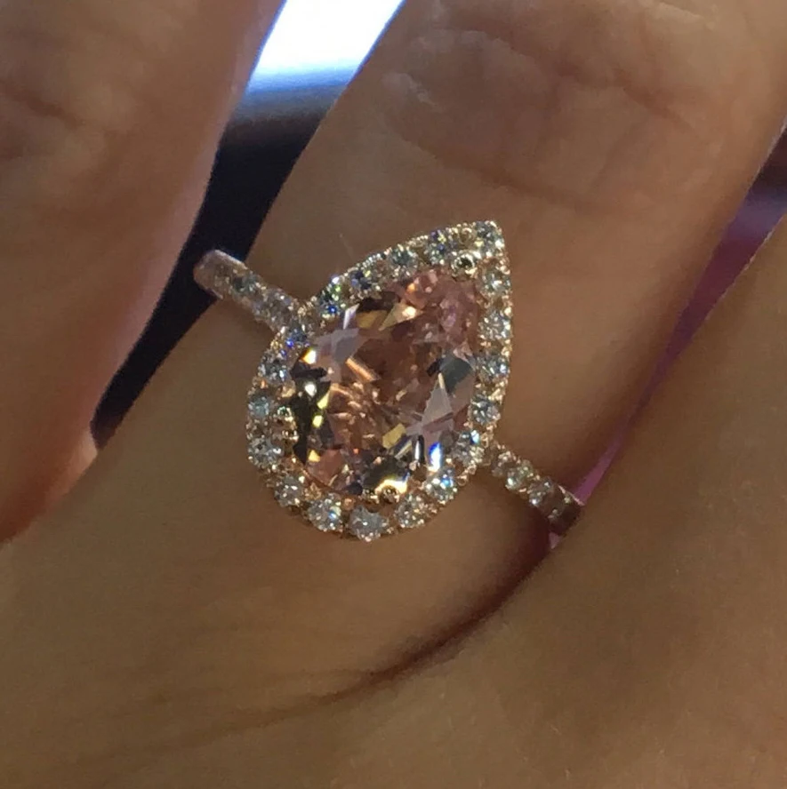

Luxury Female Big Pink Stone Ring Fashion Rose Gold Jewelry Crystal Zircon Water Drop Ring Vintage Wedding Rings For Women