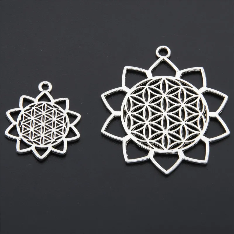 

5pcs Antique Silver Flower Of Life Charms Pendant Hollow Wavy And Disk Combination Carved Jewelry For Necklace Bracelet