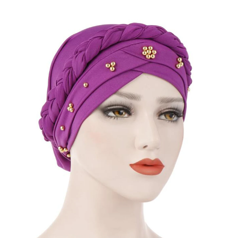 light purple Новинка, мусульманская шляпа, элегантная шапка-тюрбан с бисером и тесьмой, женские эластичные хлопковые банданы, женские головные уборы, головные уборы, аксессуары для волос - Цвет: light purple
