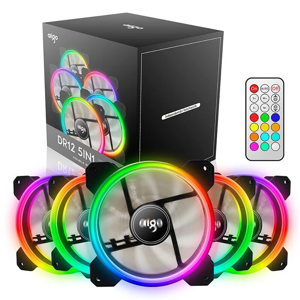 

5 pcs Aigo DR12 RGB Adjust LED Computer Case Fan 120mm PC Fans Cooling High Airflow Quiet Fan PC Case Cooler with IR Remote