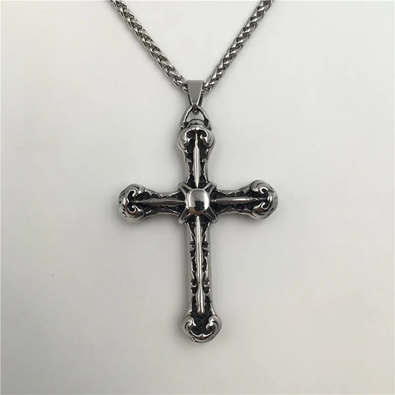 Antique Cross Pendant Necklace Mens Religious Jewelry Stainless Steel