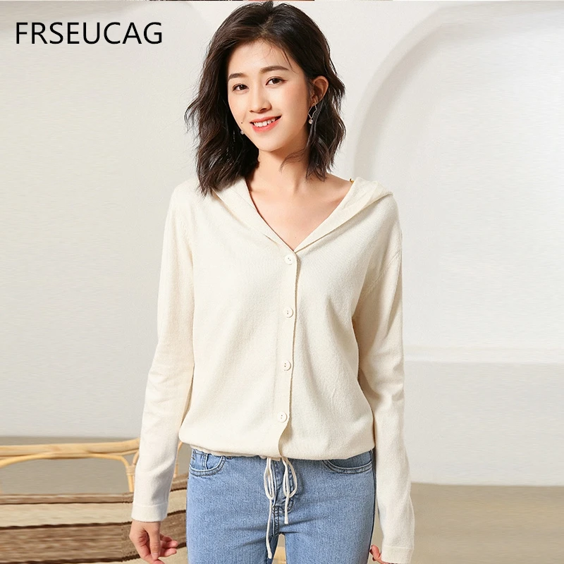 Best Price FRSEUCAG nouveau printemps haute qualité femmes cachemire pull avec chapeau cordon pull cachemire femmes Cardigan hauts Selling