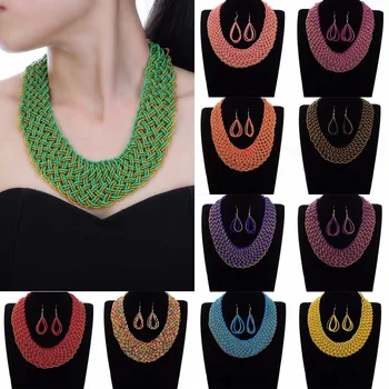 

Fashion Gold Chain Resin Seed Beads Choker Pendant Bib Necklace Earrings