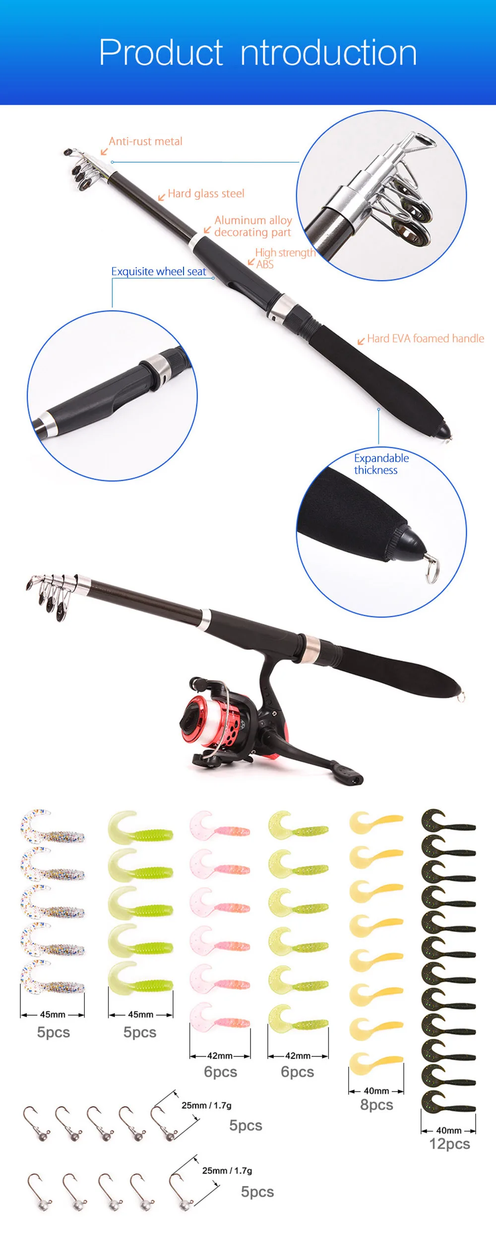 LEO 1.6M Telescopic Fishing Rod Kit with Fish Reel Lure Hook Tackle