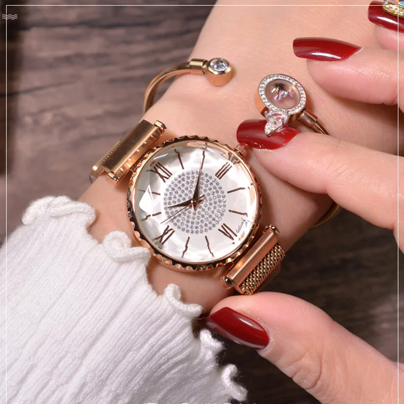 

Luxury Diamond Rose Gold Women Watches Ladies Magnet Stainless Steel Mesh Casual Female Clock Wristwatch Roman Numerals Gift Gir