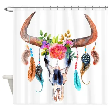 

Colorful Bull Horns & Skull Flowers & Feathers Decorative Fabric Shower Curtain For Bathroom Waterproof Polyester Shower Curtain