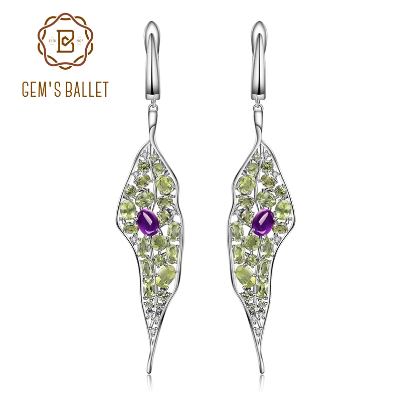 

GEM'S BALLET Natural Amethyst Peridot Gemstone Long Earrings 925 Sterling Sliver Vintage Palace Drop Earrings For Women Jewelry