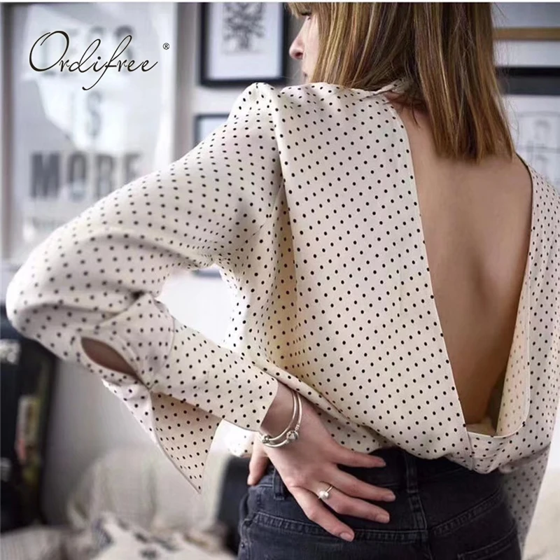 

Ordifree 2019 Summer Polka Dot Women Blouse Shirt Top Long Sleeve Backless Sexy White BlouseChemise Femme