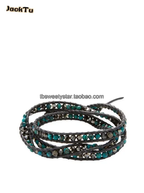 Green Beads Mix Gunmetal Crystal Triple Wrap Leather Bracelet In Green Beads Mix Gunmetal Crystal Triple Wrap Leather Bracelet