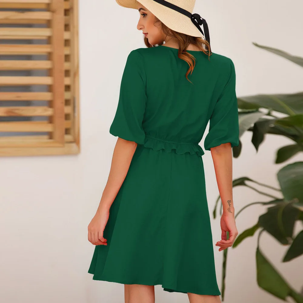 2019 summer sexy woman casual solid short-sleeved beach dress cotton pleated deep v-neck loose pretty beach dress long 40J3 (8)