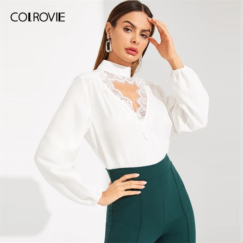 

COLROVIE White Choker Neck Eyelash Korean Lace Blouse Women Shirts 2019 Spring Elegant Shirt Office Ladies Tops And Blouses