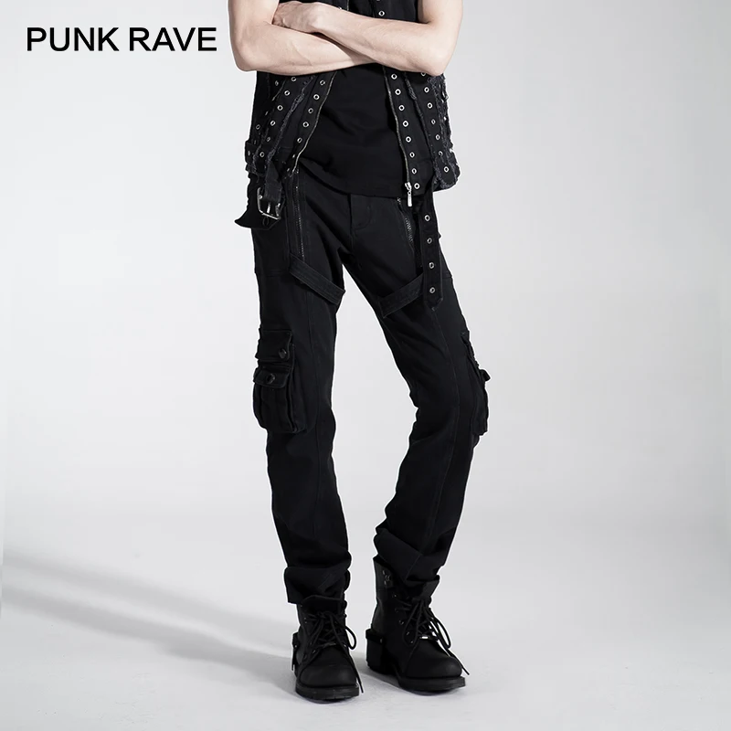 PUNK RAVE Punk Style Black Full Length Pants With Fake