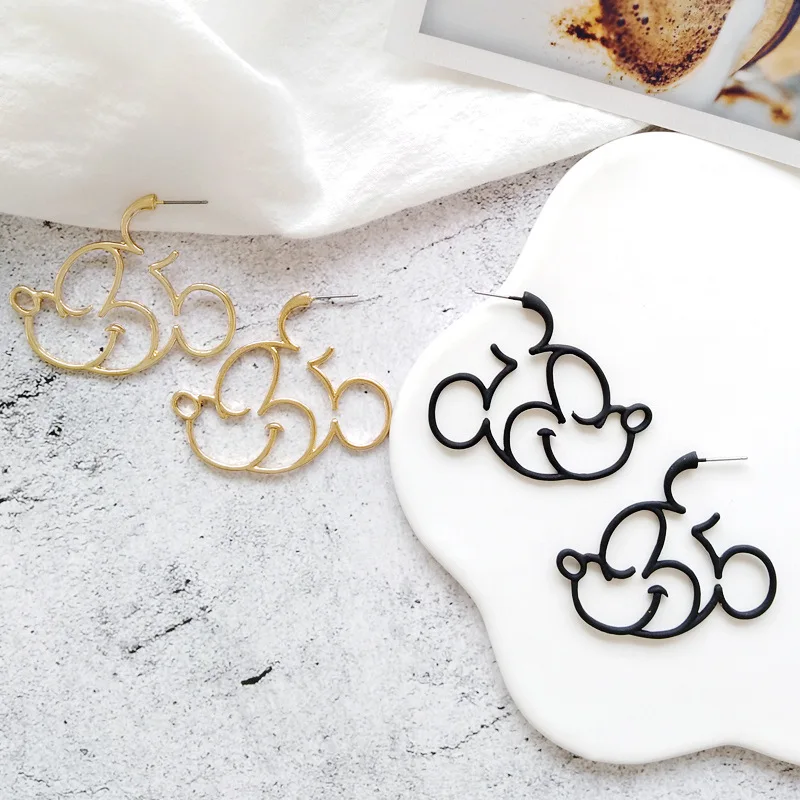 Gold Silver Black Color Simple Kawaii Cute Mickey Minny Stud Earrings Female Loverly Howllowed out Geometric Earring For Women 3
