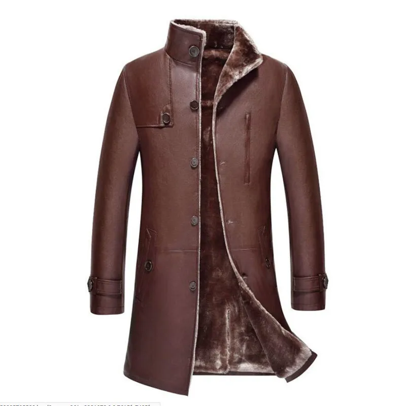 Большой размер 5XL Мужской однобортный длинный плащ кожаный зимний теплый меховой подклад куртки верхняя одежда парка