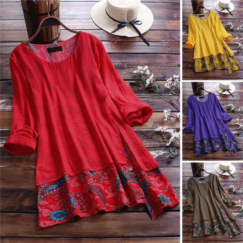 

Summer New Retro Printed Loose Women Polyester Rayon Long Sleeved O Neck Fake Two Piece Women Clother L/XL/XXL/3XL/4XL5XL